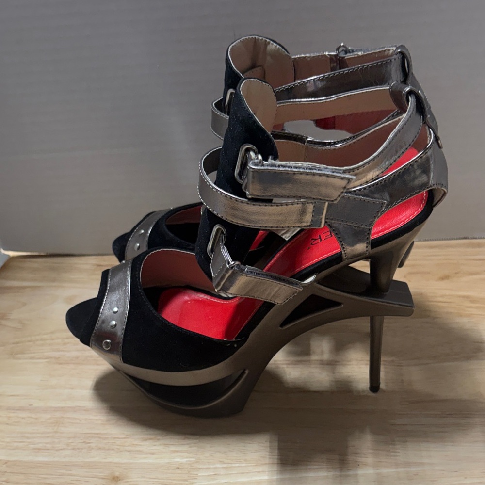 Bumper Black Suede & Silver Metallic Strappy High Heel Sandals with Red Insoles - Picture 5 of 10